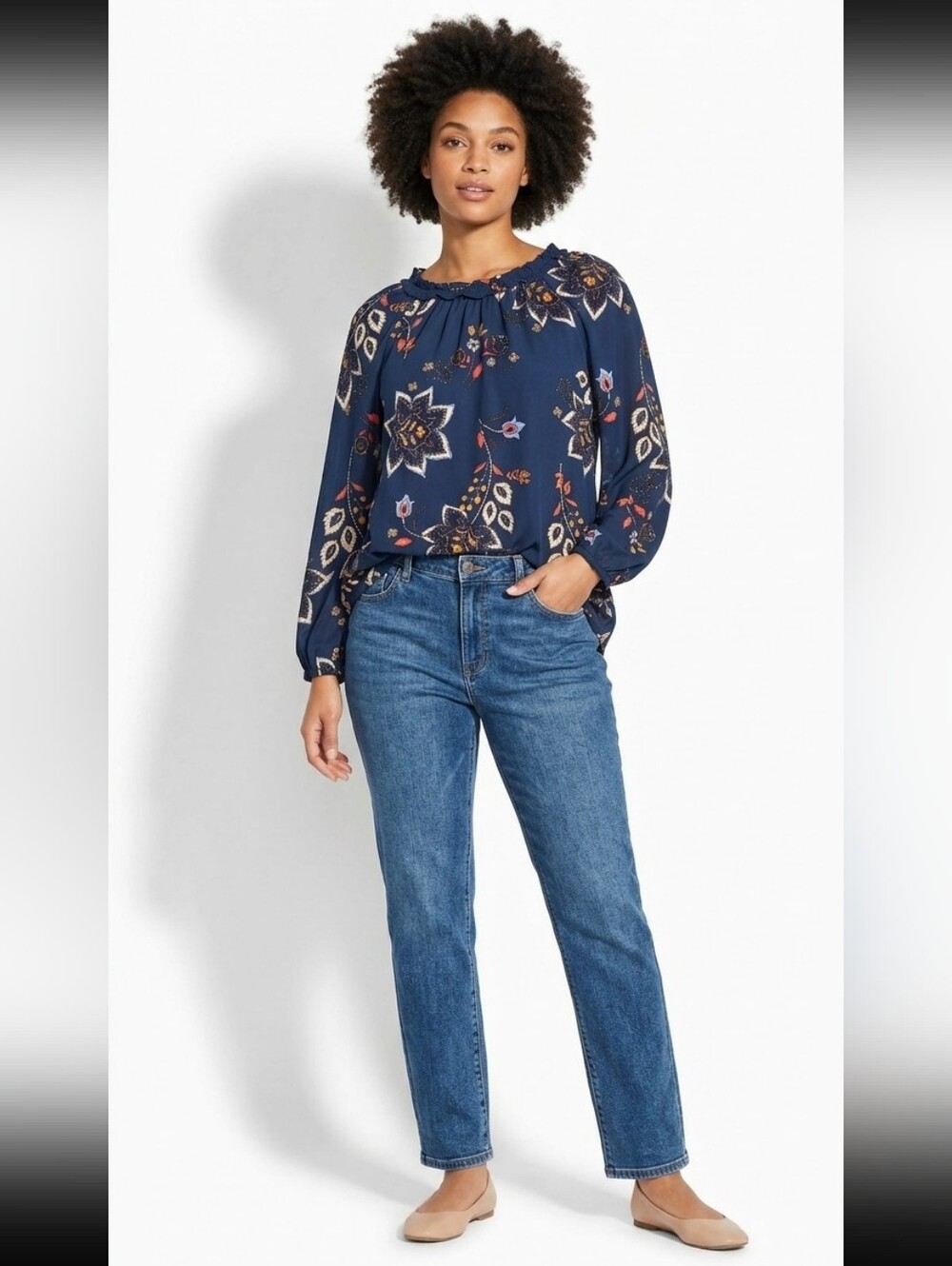 Daniel Rainn Navy Floral Ruffled Neck Peasant Blouse Sz S NWT